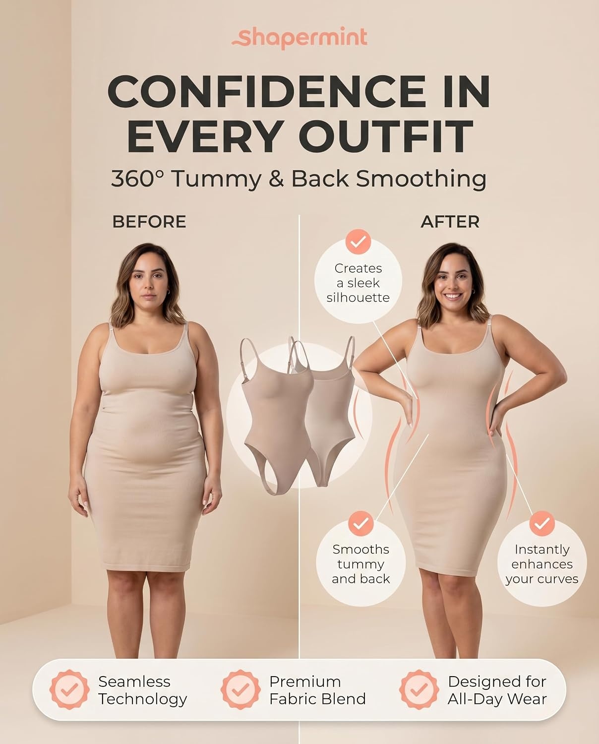 image:imageSHAPERMINT Thong Bodysuit Tummy Control Shapewear for WomenBlack