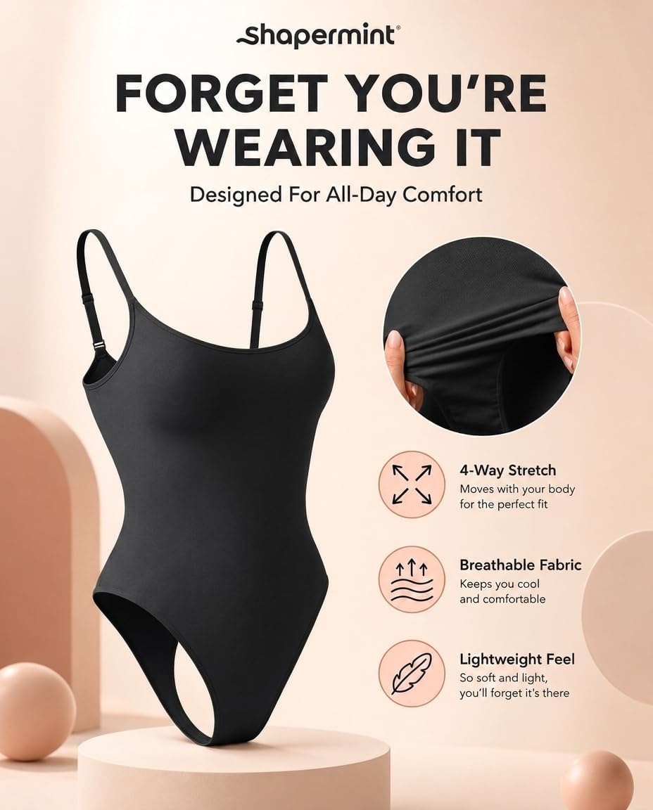 image:imageSHAPERMINT Thong Bodysuit Tummy Control Shapewear for WomenBlack